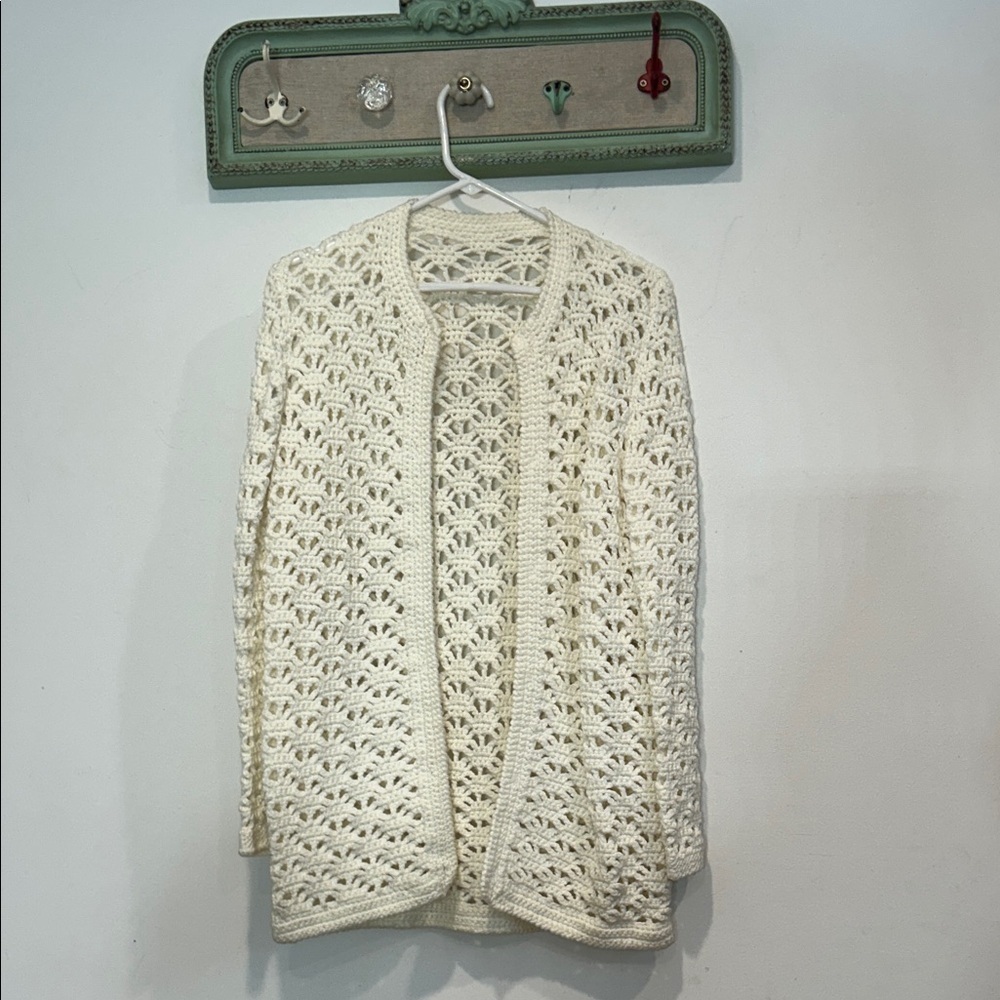 Vintage off white Open-Knit crochet Cardigan sweater womenโs medium hand made